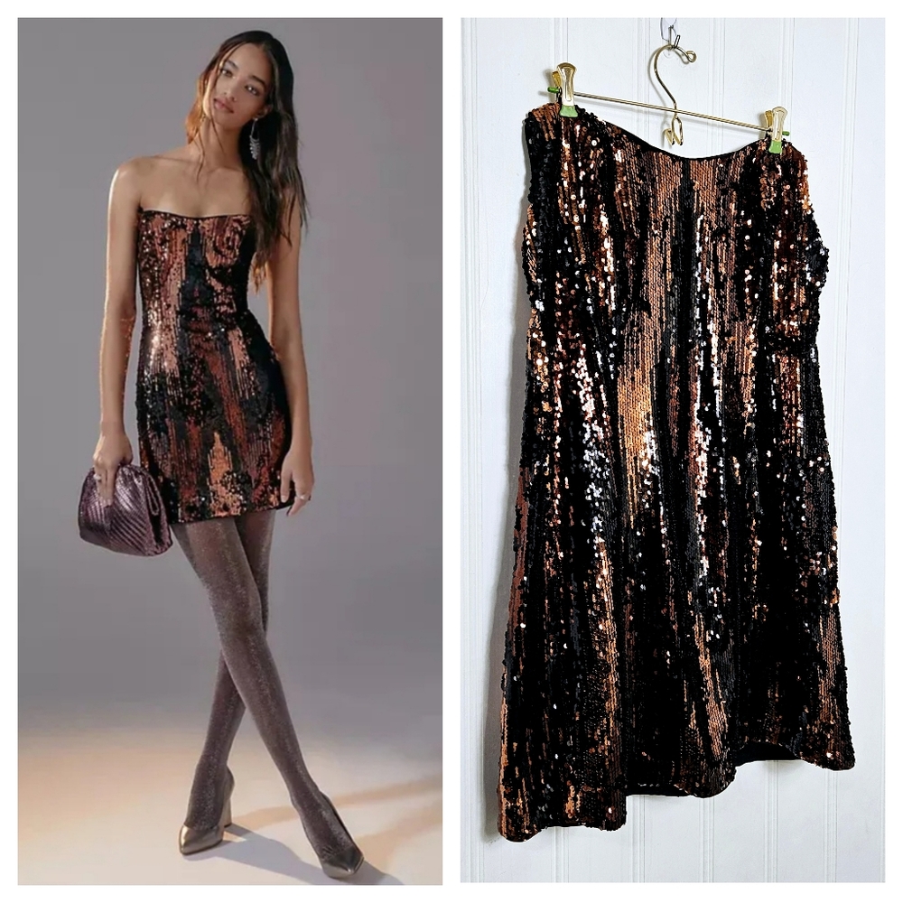 Anthropologie Black Sequin Strapless Mini Dress 16W Party Cocktail Glam